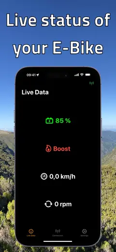 Live data screen with battery, support mode, speed, and cadence