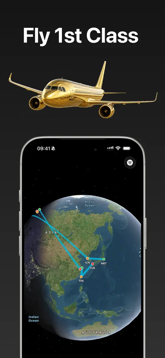 1st Class Flight Tracker showing flight routes on a 3D globe