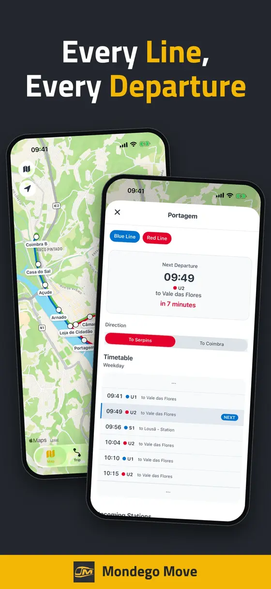 Mondego Move network map with the next departure from Portagem