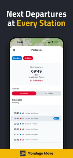 Station timetable with a countdown to the next departure