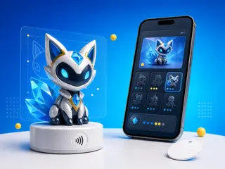 架空のNFCコレクタブルフィギュアと、コレクション画面を表示したスマートフォン