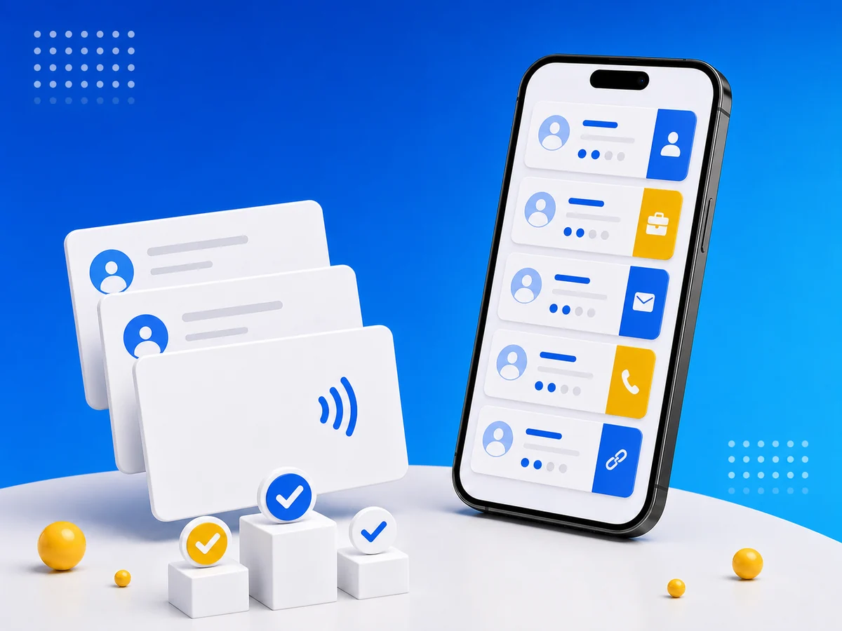 Smartphone vergleicht digitale Visitenkarten-Apps mit NFC-Kartenakzenten
