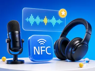 Studiomikrofon, Kopfhörer, Audiowellenform und NFC.cool App-Icon