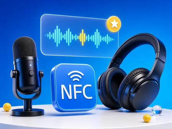 Studio microphone, headphones, audio waveform, and NFC.cool app icon