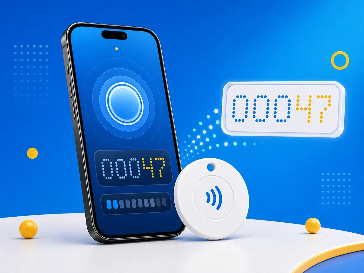 An NFC tag tapped by a phone with its scan count rising