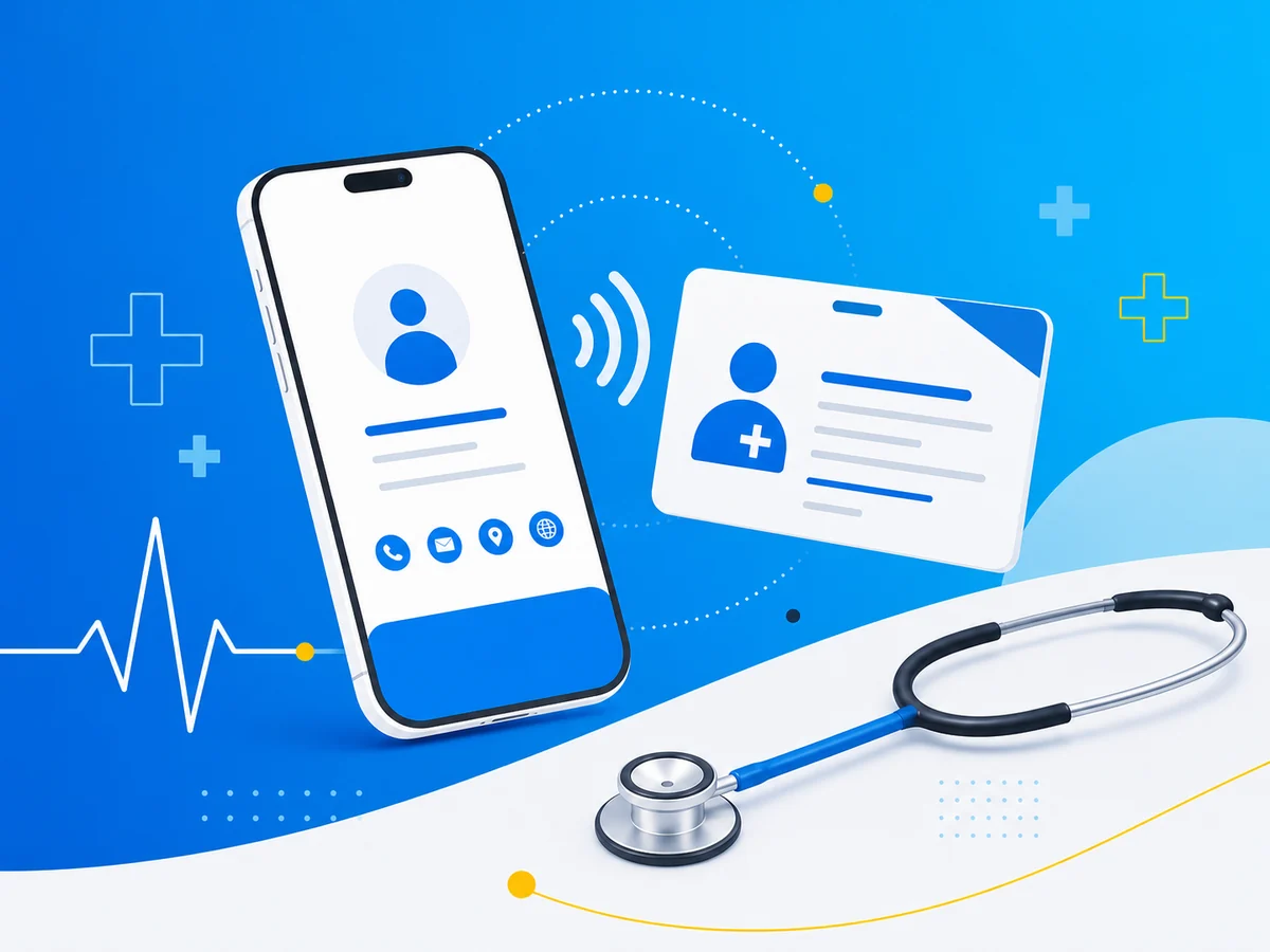 Arztkontaktkarte wird per Smartphone mit Healthcare- und NFC-Motiven geteilt