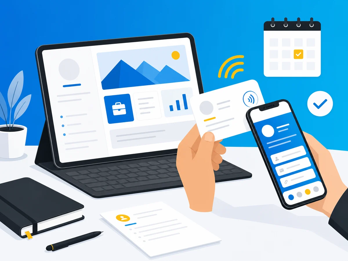 Beraterarbeitsplatz mit digitalen Visitenkarten und NFC-Freigabe