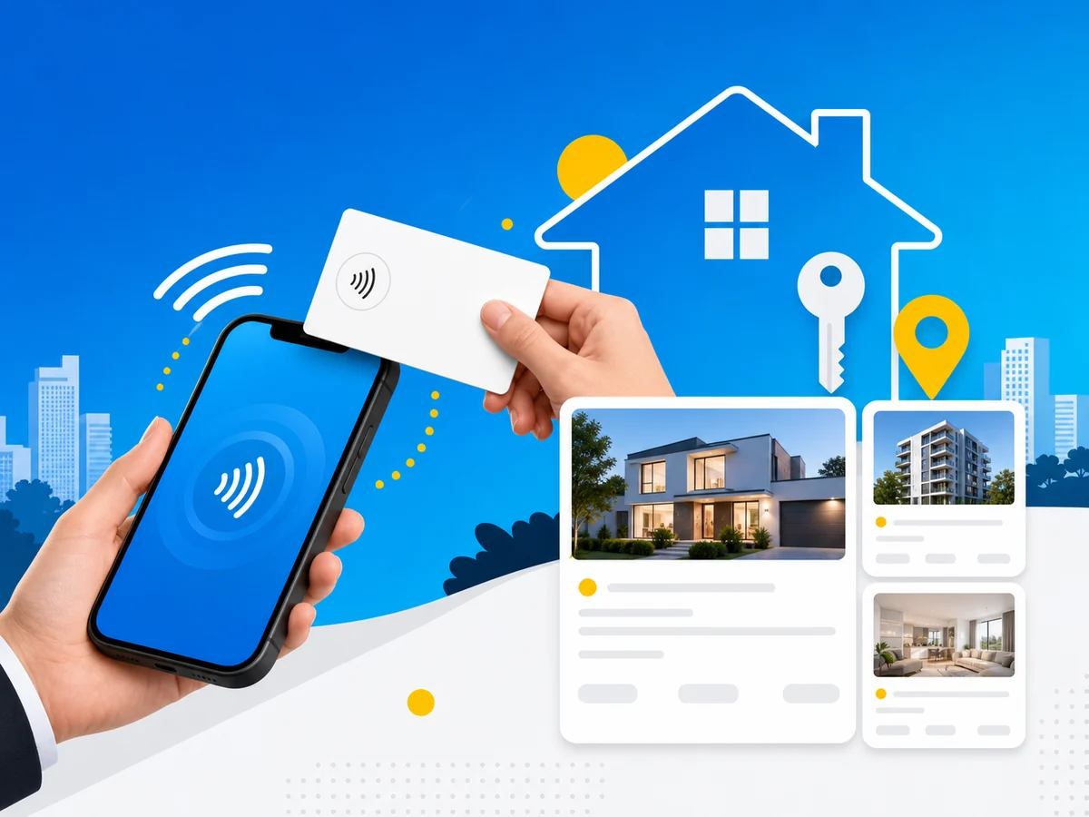 Digitale Immobilien-Visitenkarte wird per Smartphone mit Haus- und Schlüsselmotive geteilt