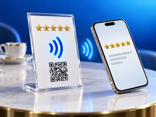 Kafe masasında, üzerinde beş altın yıldız, NFC simgesi ve QR kod olan bir kartı tutan şeffaf akrilik stant; yanında beş yıldızlı yorum ekranını gösteren bir iPhone