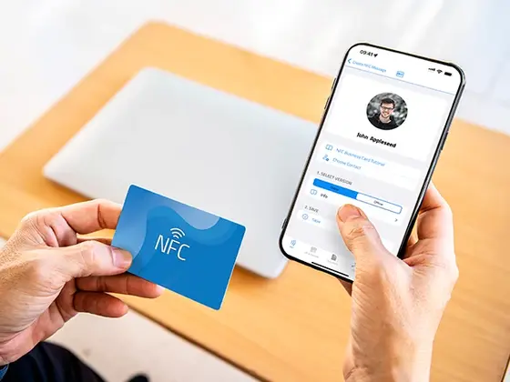 两部 iPhone 在一张 NFC 电子名片旁交换联系信息