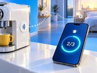 An iPhone showing an alarm scan ring at 2 of 3 next to a coffee machine with an NFC sticker, with a dotted trail of NFC tags leading back past a hallway shelf to the bed