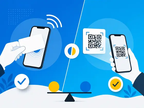 NFC 卡片与二维码扫描对比，画面中有手机和对勾