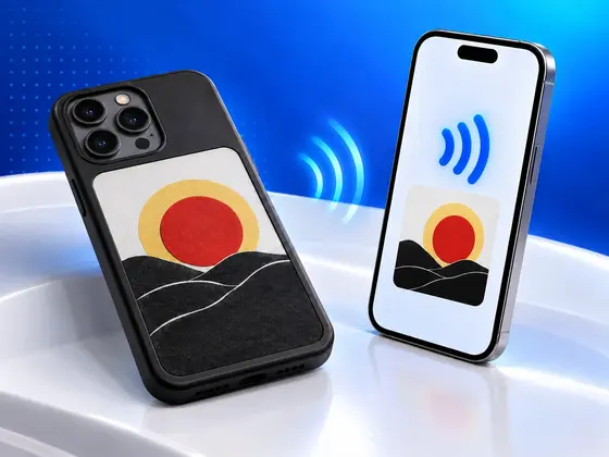 An iPhone in a black case with an e-ink screen on its back showing a red and yellow sun over black hills, next to a second iPhone sending the same picture over NFC