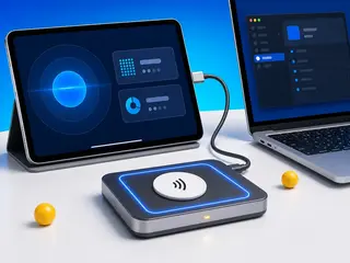 Ein iPad neben einem HID OMNIKEY USB-NFC-Reader mit einem darauf liegenden Tag