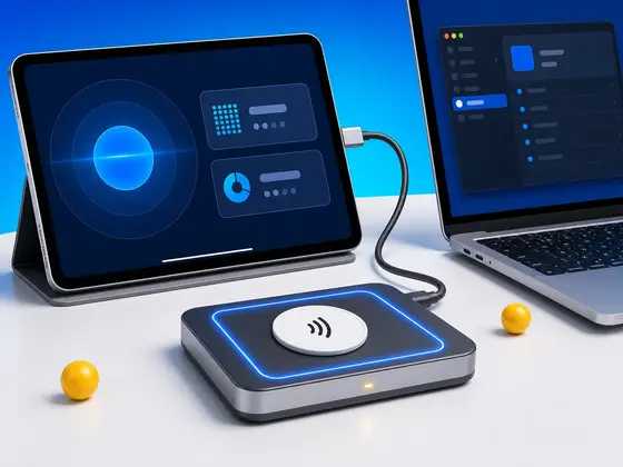 An iPad beside a HID OMNIKEY USB NFC reader with a tag resting on it