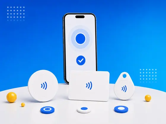 一部手机和几枚 NFC 标签，配有入门工作流图标
