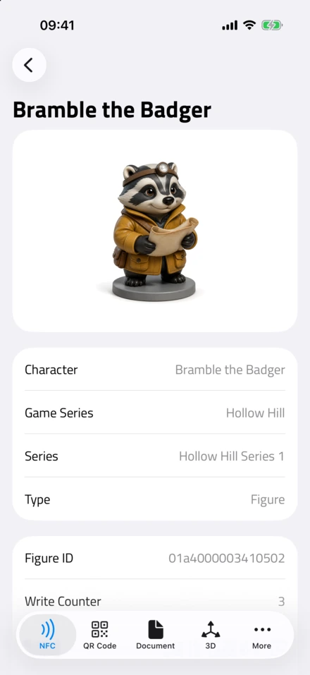 Зчитана фігурка в NFC.cool Tools, Bramble the Badger: персонаж, ігрова серія, серія, тип і лічильник записів мітки