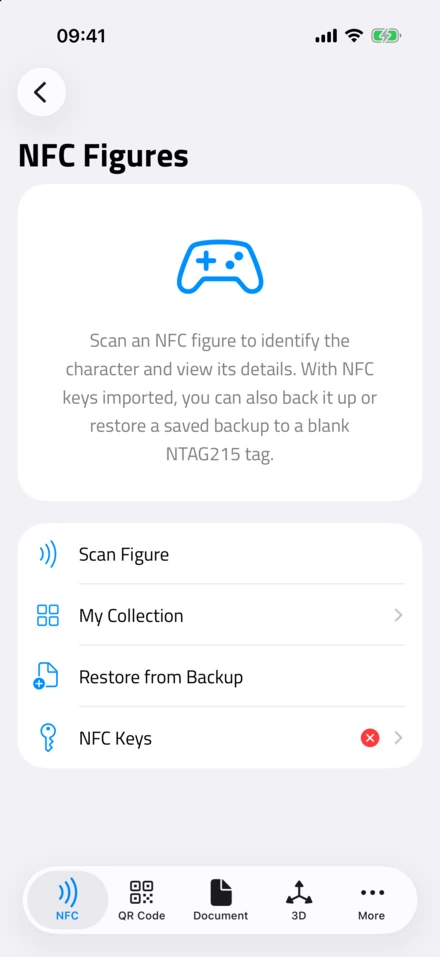 Екран NFC Figures із пунктами Scan Figure, My Collection, Restore from Backup і NFC Keys