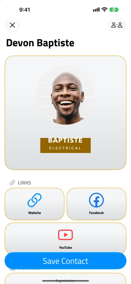 Dokunduktan sonra NFC.cool Business Card App Clip'i: Baptiste Electrical'dan Devon Baptiste; Website, Facebook ve YouTube bağlantıları ve Save Contact düğmesiyle