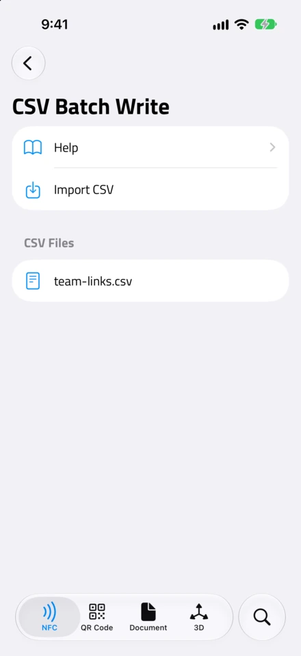 CSV Batch Write in NFC.cool Tools, with Help, Import CSV and the imported file team-links.csv