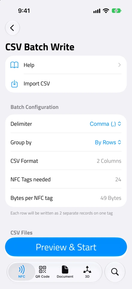 The batch configuration: delimiter Comma, grouped by rows, 2 columns, 24 NFC tags needed and 49 bytes per NFC tag