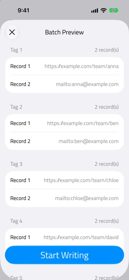 Batch Preview: tags 1 to 4, each with 2 records, a team link and an email address, and Start Writing