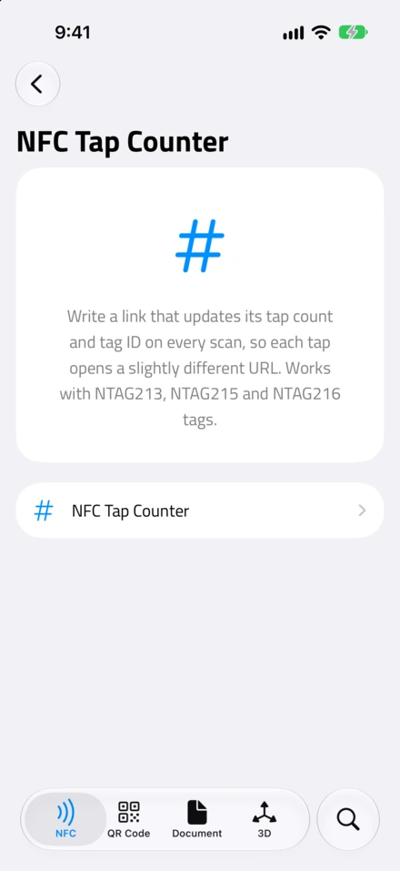 La schermata NFC Tap Counter di NFC.cool Tools: un link che aggiorna il conteggio dei tocchi e l'ID del tag a ogni lettura, per NTAG213, NTAG215 e NTAG216