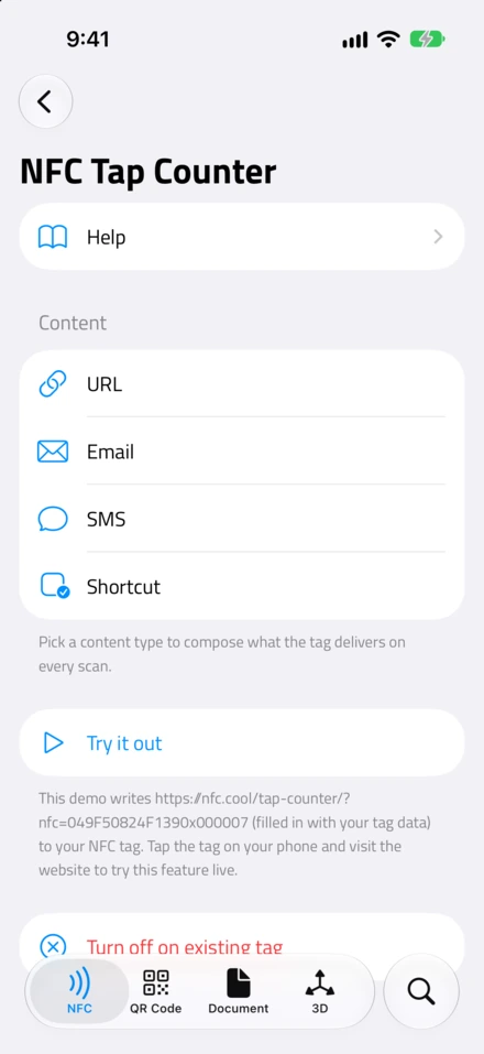 Le opzioni di contenuto URL, Email, SMS e Shortcut, con Try it out sotto