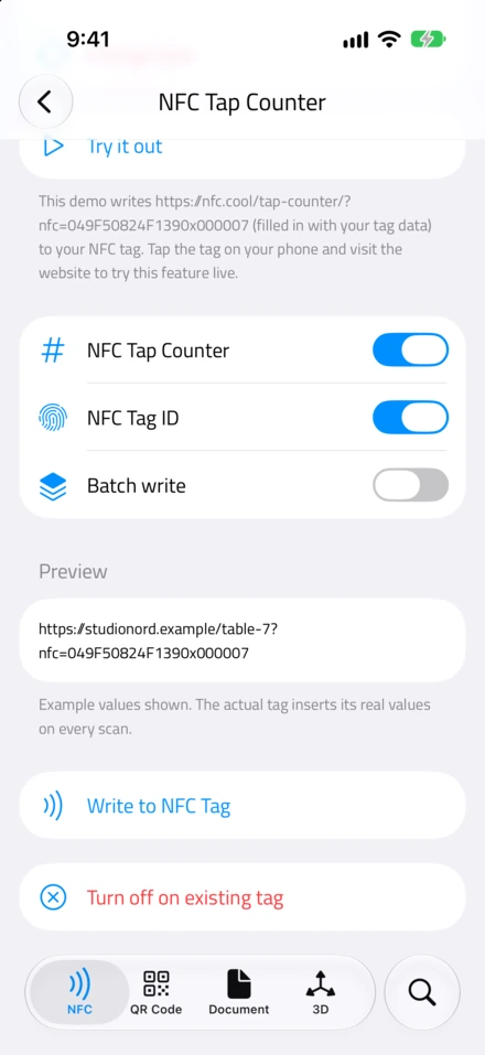 NFC Tap Counter e NFC Tag ID attivi, Batch write spento, e l'anteprima https://studionord.example/table-7?nfc=049F50824F1390x000007, con Write to NFC Tag