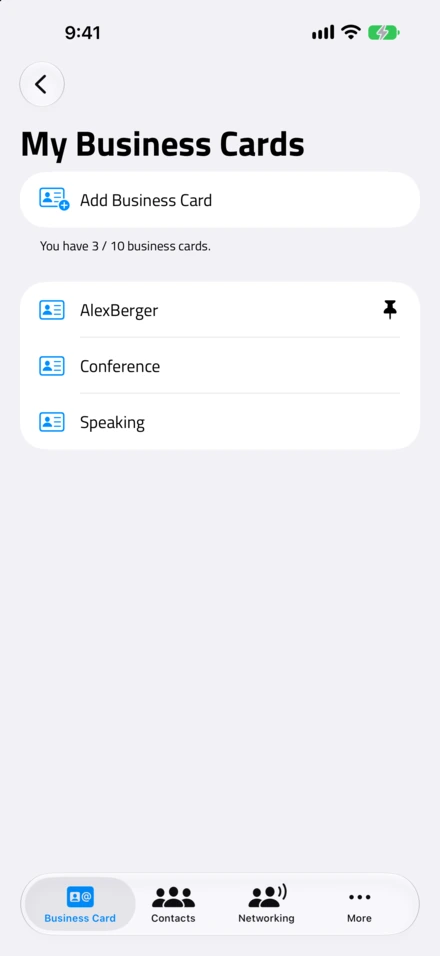 I miei biglietti da visita, con tre biglietti: AlexBerger, Conference e Speaking