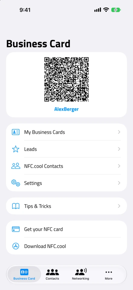 La scheda Business Card con il codice QR del biglietto e il menu di biglietti, lead, contatti e impostazioni