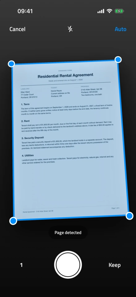 NFC.cool Tools'taki belge kamerası; algılanmış bir kira sözleşmesi ve işaretlenmiş köşeleri