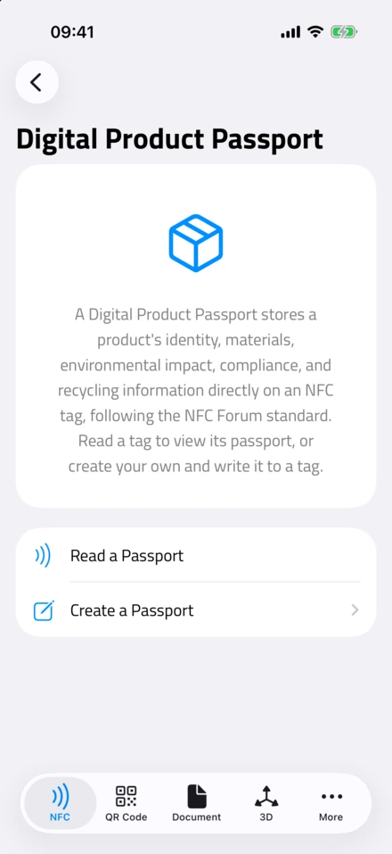Екран Digital Product Passport у NFC.cool Tools з пунктами Read a Passport і Create a Passport