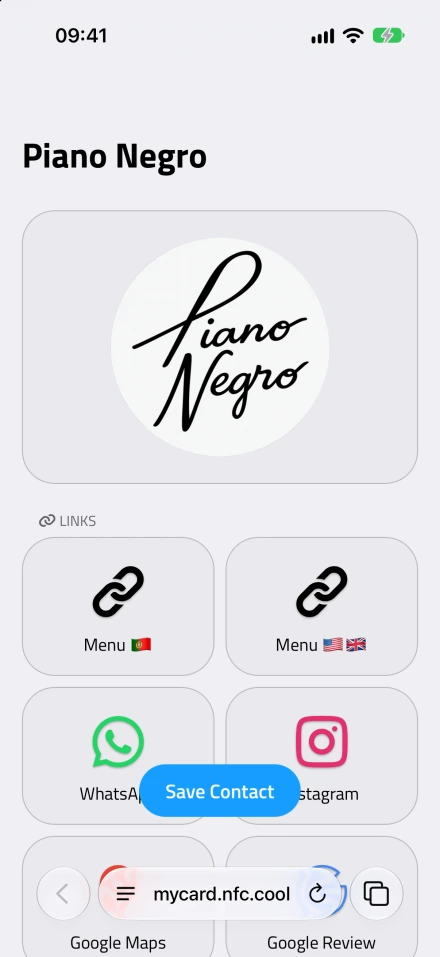 Il biglietto da visita NFC.cool Business Card del Piano Negro aperto in Safari, con il logo e i link al menu in portoghese e in inglese, WhatsApp, Instagram, Google Maps e Google Review