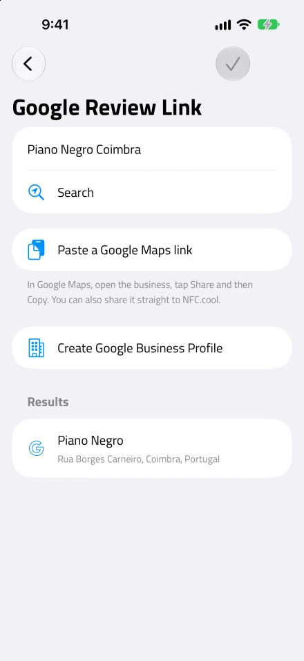 La schermata Link alla recensione di Google in NFC.cool Tools, con Piano Negro Coimbra digitato nel campo di ricerca e un solo risultato, Piano Negro in Rua Borges Carneiro
