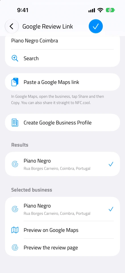 Piano Negro come attività selezionata, con sotto Anteprima su Google Maps e Anteprima della pagina di recensione