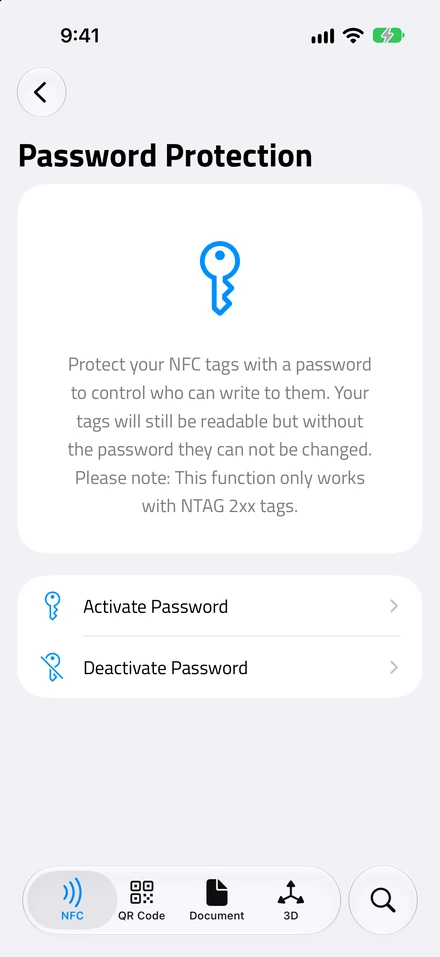 La schermata Protezione con password in NFC.cool Tools, con Attiva la password e Disattiva la password