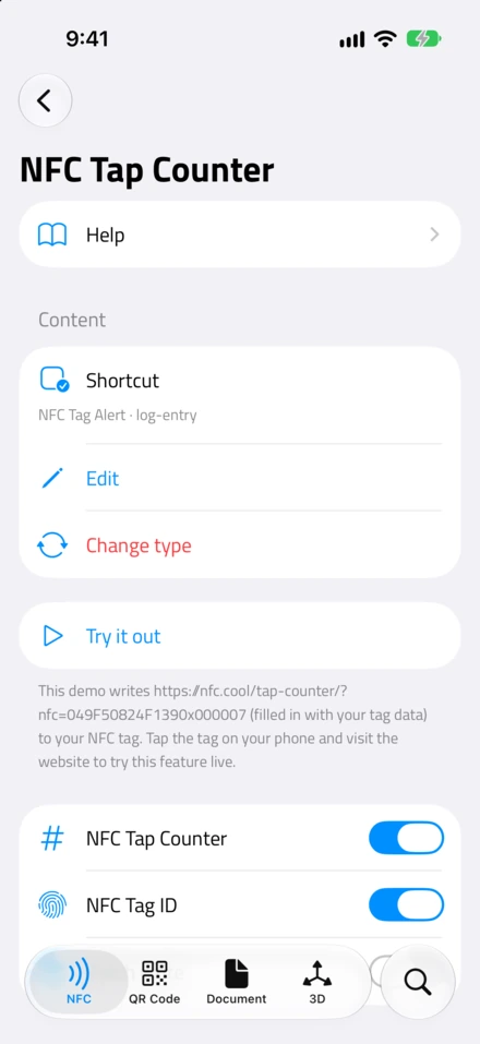 L'NFC Tap Counter impostato su Shortcut, che avvia NFC Tag Alert con l'input log-entry, con entrambi gli interruttori attivi