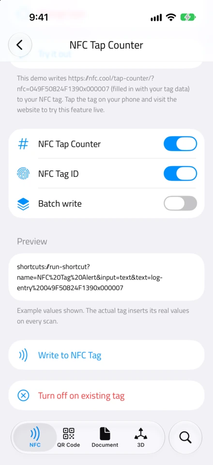 L'anteprima: shortcuts://run-shortcut?name=NFC%20Tag%20Alert&input=text&text=log-entry%20049F50824F1390x000007
