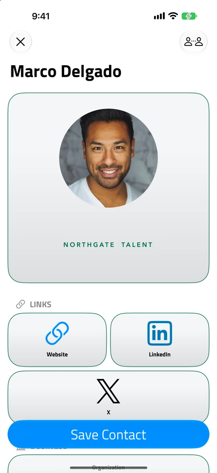 Un biglietto di NFC.cool Business Card come si apre dopo il tocco: Marco Delgado di Northgate Talent, con i link Website, LinkedIn e X e il pulsante Save Contact