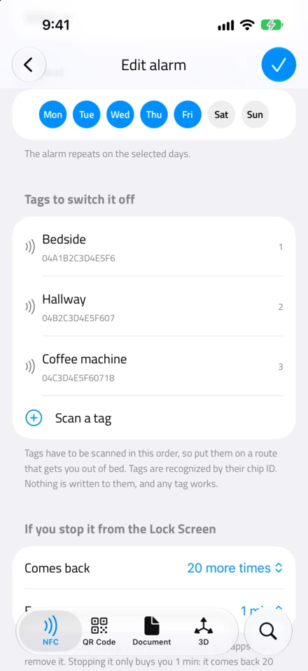 Edit alarm, Monday to Friday, with the tags that switch it off in order: Bedside, Hallway and Coffee machine