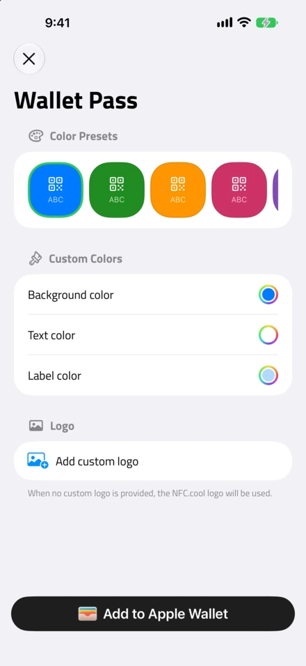 La schermata Wallet Pass con colori predefiniti, colori personalizzati, un logo e Add to Apple Wallet