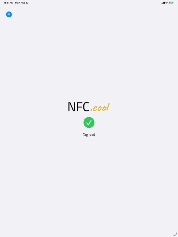 NFC.cool sull'iPad dopo la lettura: una spunta verde e Tag read