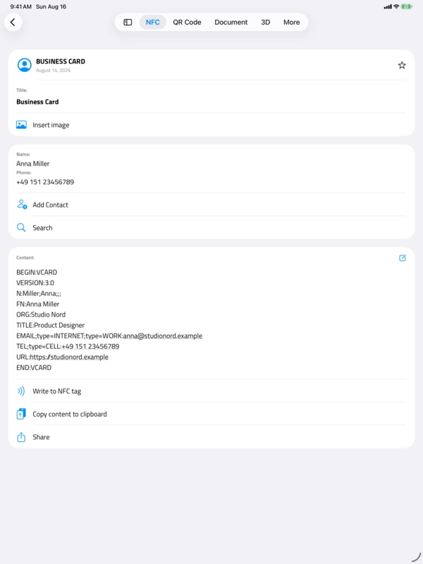 Il record completo del tag sull'iPad: un biglietto da visita di Anna Miller, con la vCard grezza sotto