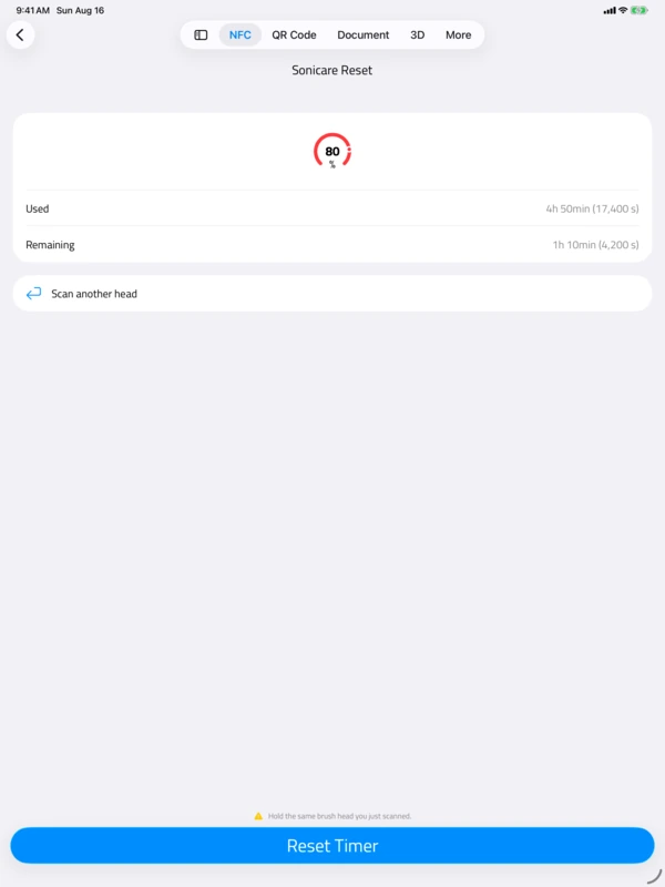 Sonicare Reset sull'iPad: una testina all'80% di utilizzo, con Reset Timer