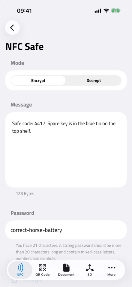 Encrypt modunda NFC Safe; gizli bir mesaj ve correct-horse-battery parolası girilmiş