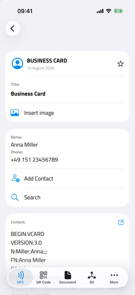NFC.cool Tools'ta okunmuş bir tag: Anna Miller için bir kartvizit kaydı, altında ham vCard