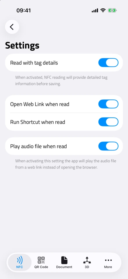 NFC.cool Tools'taki NFC ayarları; Read with tag details, Open Web Link when read, Run Shortcut when read ve Play audio file when read açık