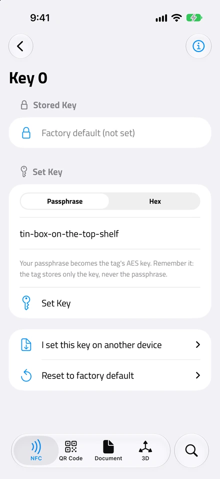 La schermata di Key 0: impostare la chiave da una passphrase o in esadecimale, inserirne una impostata su un altro dispositivo o tornare a quella di fabbrica