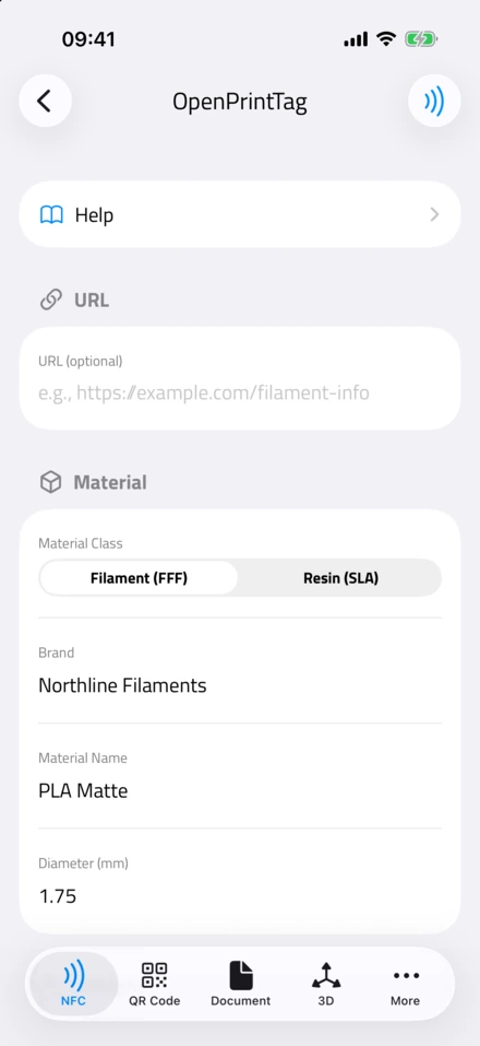La schermata OpenPrintTag di NFC.cool Tools, compilata per Northline Filaments PLA Matte, 1,75 mm, Filament (FFF)
